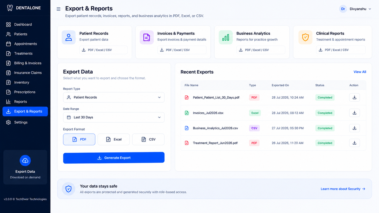 Export & Reports - Professional PDF, Excel, and CSV report generation