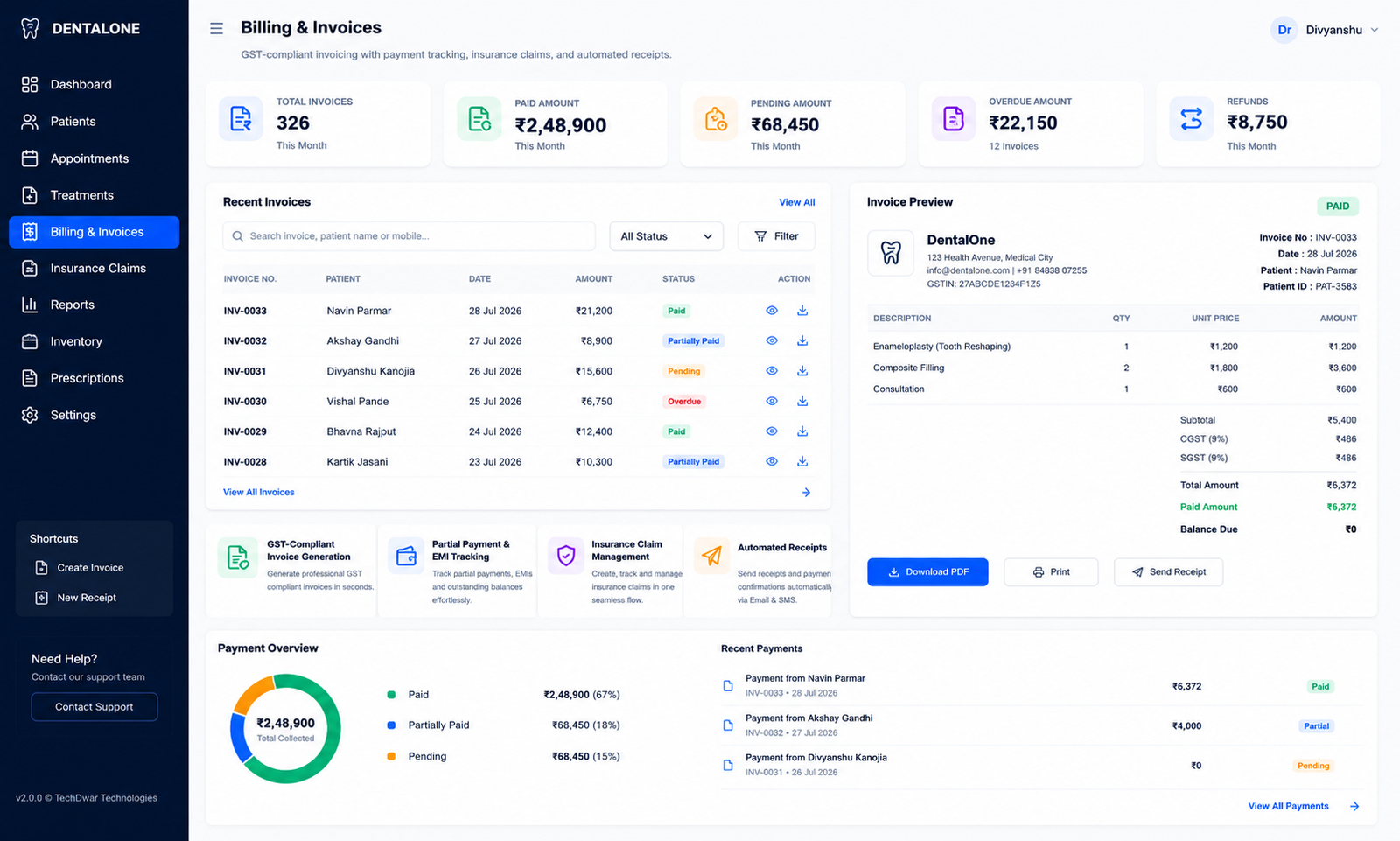 Billing & Invoices - GST-compliant invoice generation
